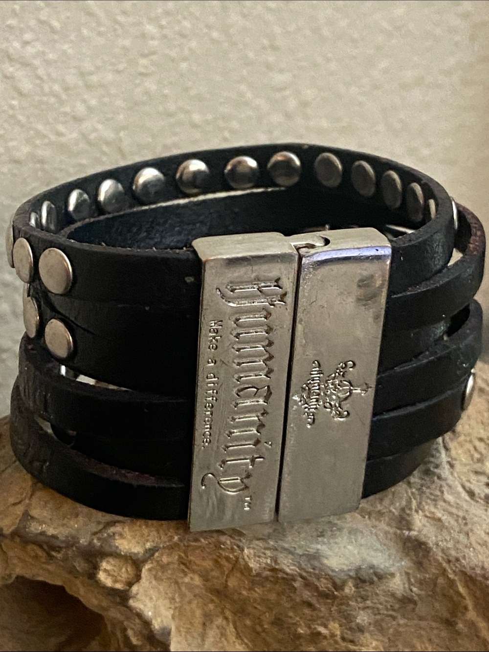 Humanity Leather Riveted Rhinestoned Magnetic Close Bracelet